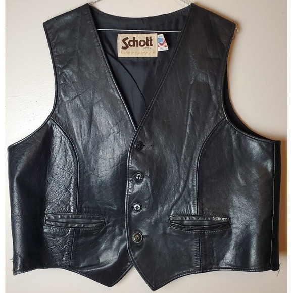 Vintage Schott NYC Sportswear XL Extra Large‎ Black Leather Biker Vest Made USA